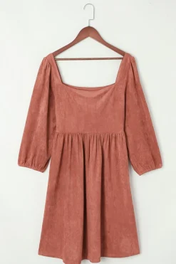Fashion Dear-Lover Suede Square Neck Puff Sleeve Dress Brown