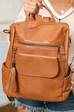 Sale Dear-Lover Tassel Decor Retro PU Large Capacity Backpack Brown