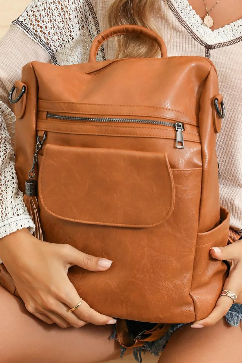 Sale Dear-Lover Tassel Decor Retro PU Large Capacity Backpack Brown