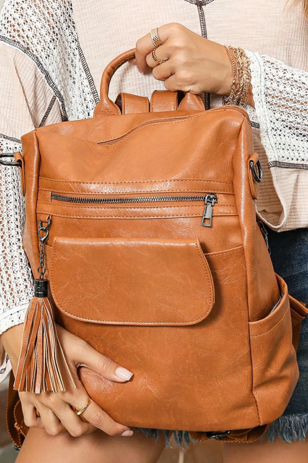 Sale Dear-Lover Tassel Decor Retro PU Large Capacity Backpack Brown