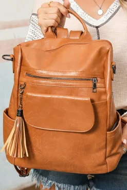 Sale Dear-Lover Tassel Decor Retro PU Large Capacity Backpack Brown