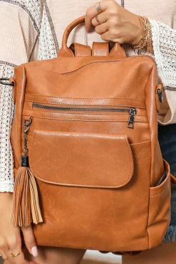Sale Dear-Lover Tassel Decor Retro PU Large Capacity Backpack Brown