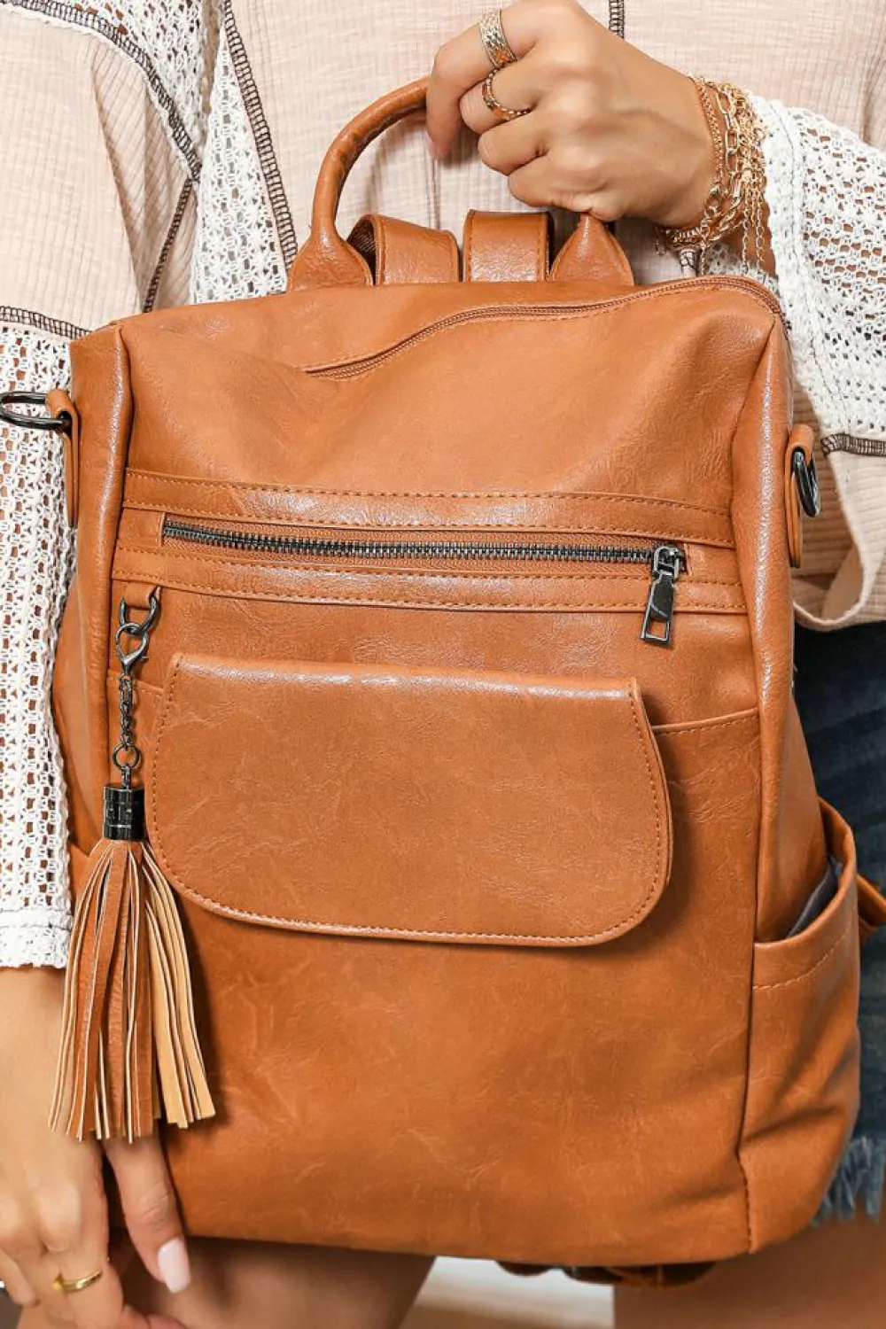 Sale Dear-Lover Tassel Decor Retro PU Large Capacity Backpack Brown