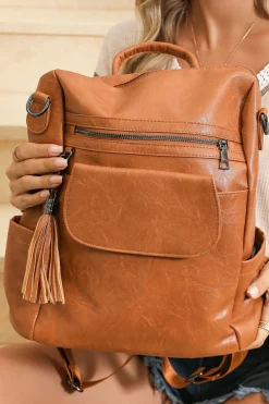 Sale Dear-Lover Tassel Decor Retro PU Large Capacity Backpack Brown