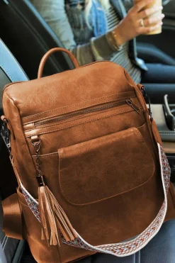 Sale Dear-Lover Tassel Decor Retro PU Large Capacity Backpack Brown