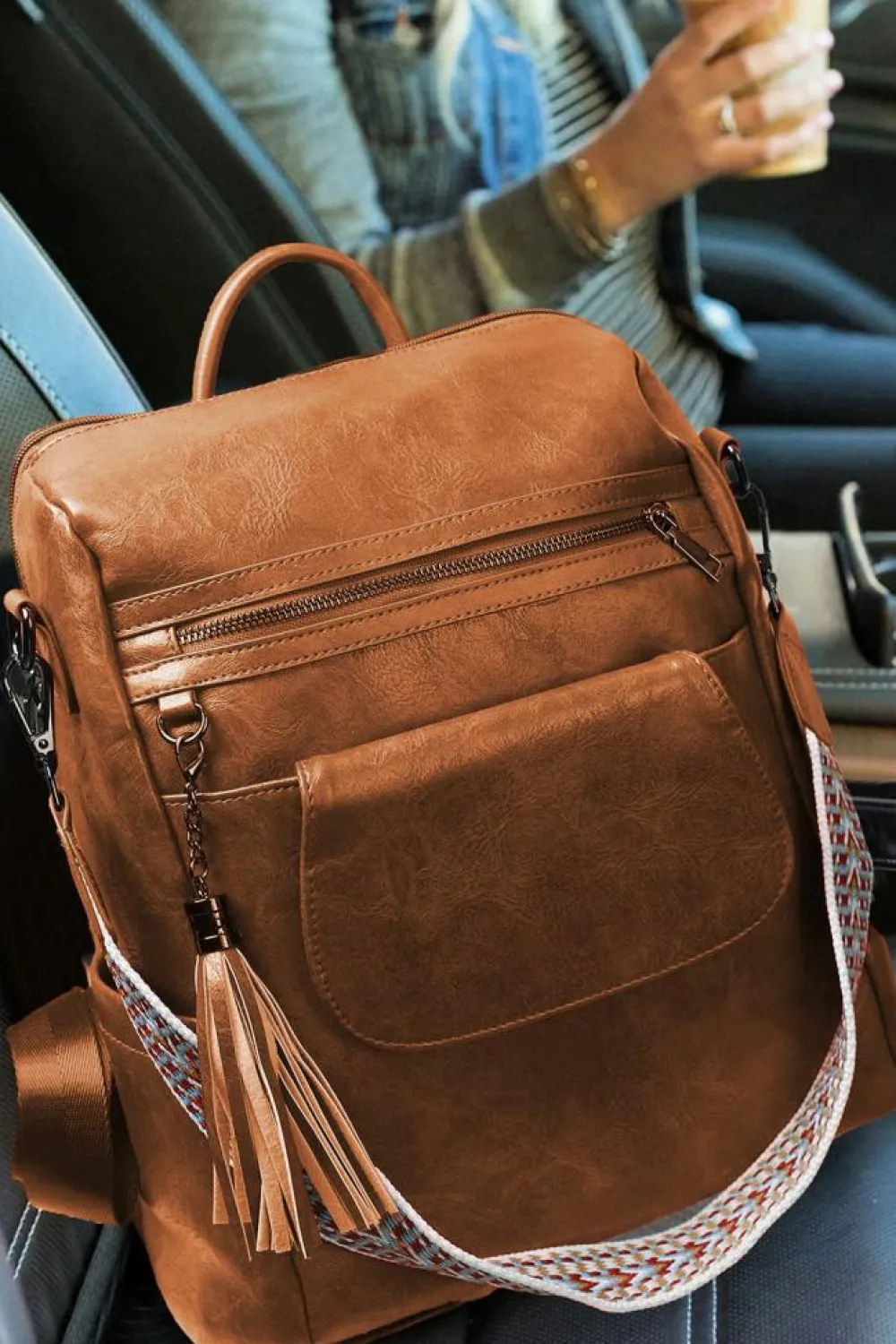Sale Dear-Lover Tassel Decor Retro PU Large Capacity Backpack Brown