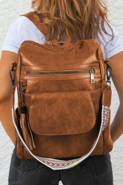 Sale Dear-Lover Tassel Decor Retro PU Large Capacity Backpack Brown