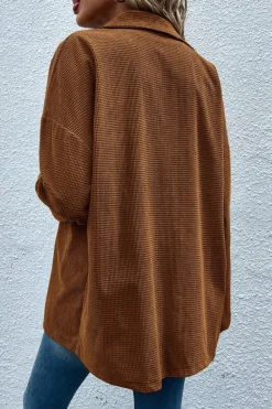 Sale Dear-Lover Textured Flap Pocket Drop Shoulder Shacket Brown