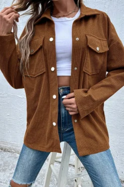 Sale Dear-Lover Textured Flap Pocket Drop Shoulder Shacket Brown