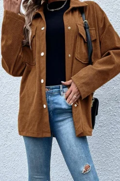 Sale Dear-Lover Textured Flap Pocket Drop Shoulder Shacket Brown