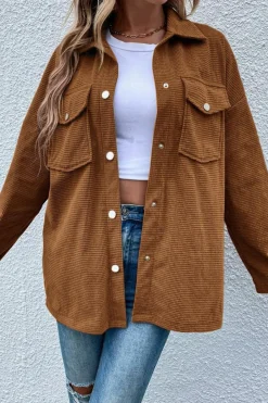 Sale Dear-Lover Textured Flap Pocket Drop Shoulder Shacket Brown