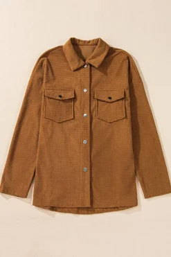Sale Dear-Lover Textured Flap Pocket Drop Shoulder Shacket Brown