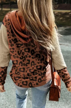 Outlet Dear-Lover Textured Knit Patchwork Leopard Hoodie Brown