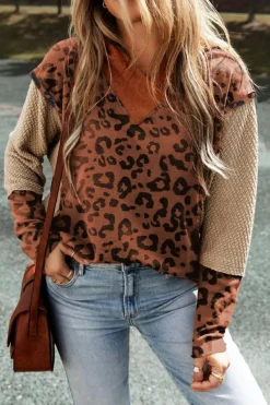 Outlet Dear-Lover Textured Knit Patchwork Leopard Hoodie Brown