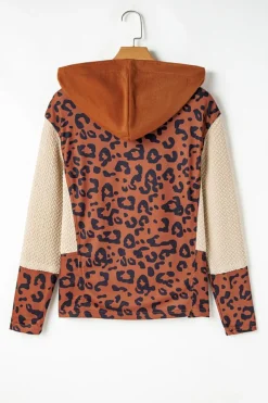 Outlet Dear-Lover Textured Knit Patchwork Leopard Hoodie Brown