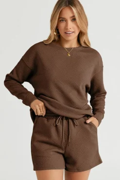 Online Dear-Lover Textured Long Sleeve Top and Drawstring Shorts Set Brown