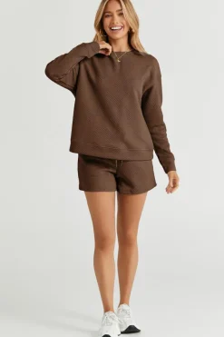 Online Dear-Lover Textured Long Sleeve Top and Drawstring Shorts Set Brown