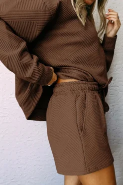 Online Dear-Lover Textured Long Sleeve Top and Drawstring Shorts Set Brown