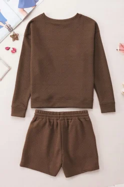 Online Dear-Lover Textured Long Sleeve Top and Drawstring Shorts Set Brown