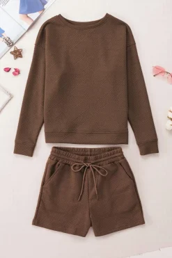 Online Dear-Lover Textured Long Sleeve Top and Drawstring Shorts Set Brown