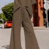 Online Dear-Lover Textured Loose Fit T Shirt and Drawstring Pants Set Brown