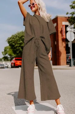 Online Dear-Lover Textured Loose Fit T Shirt and Drawstring Pants Set Brown
