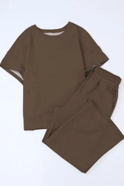 Online Dear-Lover Textured Loose Fit T Shirt and Drawstring Pants Set Brown