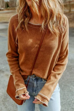Outlet Dear-Lover Textured Round Neck Long Sleeve Top Brown