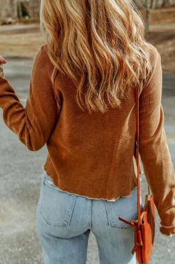 Outlet Dear-Lover Textured Round Neck Long Sleeve Top Brown