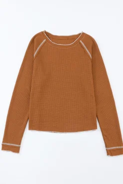 Outlet Dear-Lover Textured Round Neck Long Sleeve Top Brown