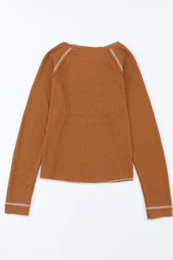 Outlet Dear-Lover Textured Round Neck Long Sleeve Top Brown