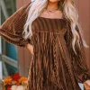 Best Dear-Lover Tie Back Square Neck Velvet Babydoll Dress Brown