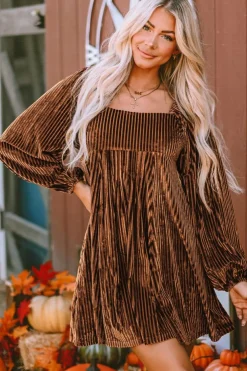 Best Dear-Lover Tie Back Square Neck Velvet Babydoll Dress Brown