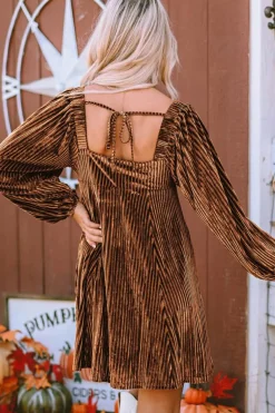 Best Dear-Lover Tie Back Square Neck Velvet Babydoll Dress Brown