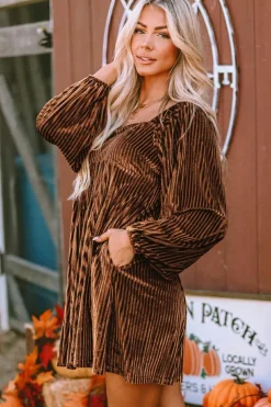 Best Dear-Lover Tie Back Square Neck Velvet Babydoll Dress Brown