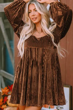 Best Dear-Lover Tie Back Square Neck Velvet Babydoll Dress Brown