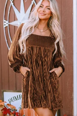 Best Dear-Lover Tie Back Square Neck Velvet Babydoll Dress Brown