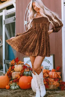 Best Dear-Lover Tie Back Square Neck Velvet Babydoll Dress Brown