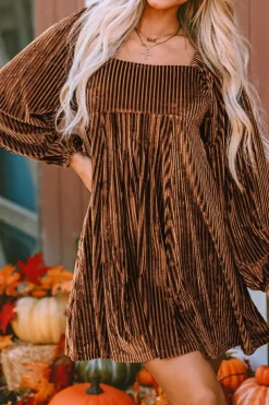 Best Dear-Lover Tie Back Square Neck Velvet Babydoll Dress Brown
