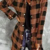 Outlet Dear-Lover Turn-down Collar Plaid Shirt Coat Brown