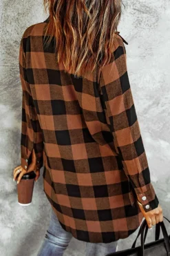 Outlet Dear-Lover Turn-down Collar Plaid Shirt Coat Brown