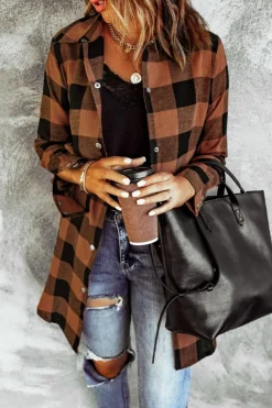 Outlet Dear-Lover Turn-down Collar Plaid Shirt Coat Brown
