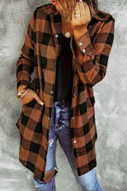 Outlet Dear-Lover Turn-down Collar Plaid Shirt Coat Brown