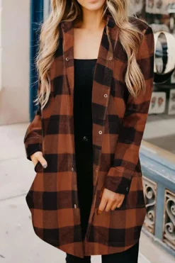 Outlet Dear-Lover Turn-down Collar Plaid Shirt Coat Brown
