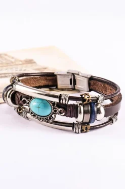 New Dear-Lover Turquoise Faux Leather Multi-layered Bracelet Brown