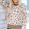 Sale Dear-Lover Two-tone Ribbed Trim Contrast Leopard Sweater Brown