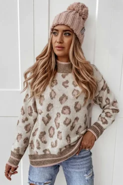 Sale Dear-Lover Two-tone Ribbed Trim Contrast Leopard Sweater Brown