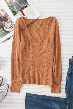 Outlet Dear-Lover U Neck Textured Long Sleeve Top Brown
