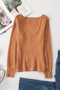 Outlet Dear-Lover U Neck Textured Long Sleeve Top Brown