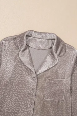 Sale Dear-Lover Velvet Leopard Print Shirt and Pants Pajama Set Brown